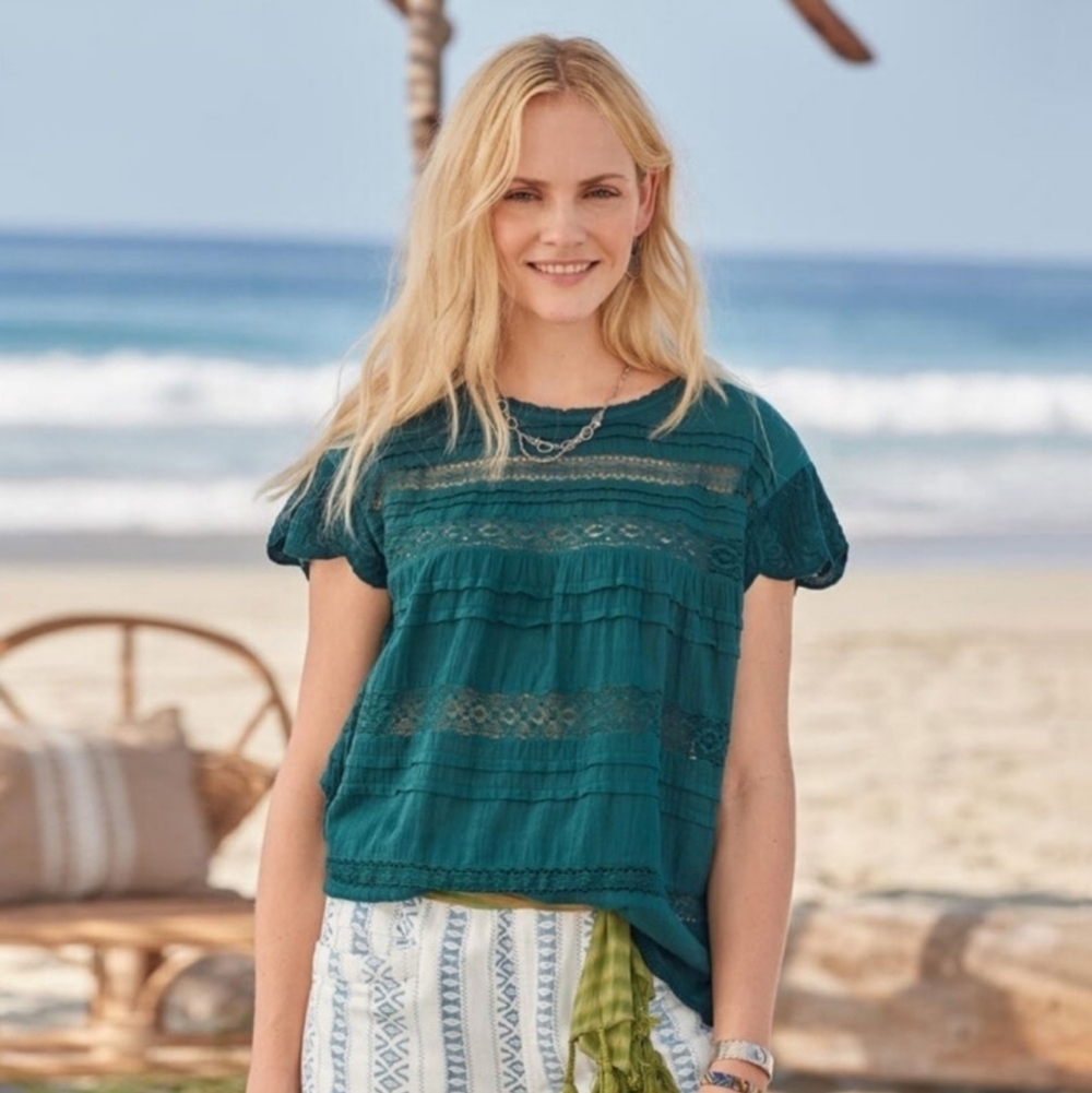 Sundance Aria Sz XXS 100% Cotton Lace Ruffle Boho Tiered Short-Sleeve Top